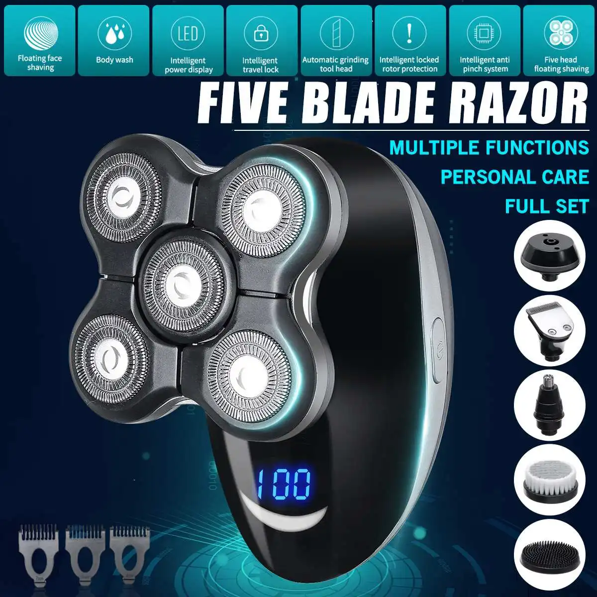 

5D Floating Razor Electric Shaver for Men Beard Hair Trimmer Electric Razor Nose Ear Hair Trimmer Razor Clipper Facial Brush Kit