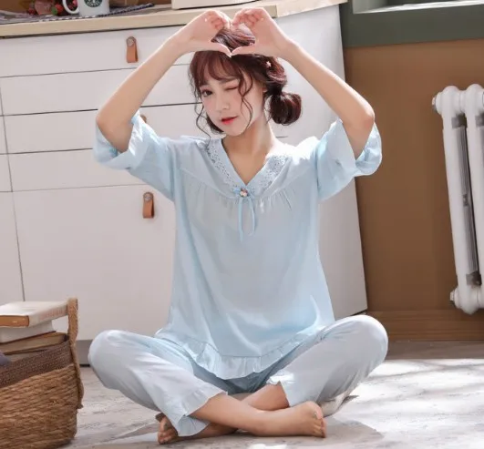

High Grade Comfortable Women's Tencel Cotton Pajamas Set 3/4 Sleeve Spring Summer Lounge Pijama Suit Loose V-neck Pyjamas Women