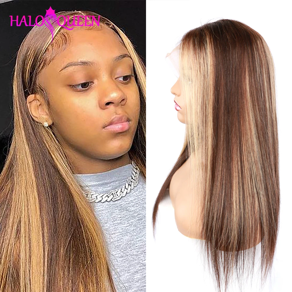 P4/27 Highlight Straight Lace Front Wig Human Hair Wigs Frontal Blonde Ombre Brown Colored Prepluck Remy | Шиньоны и парики