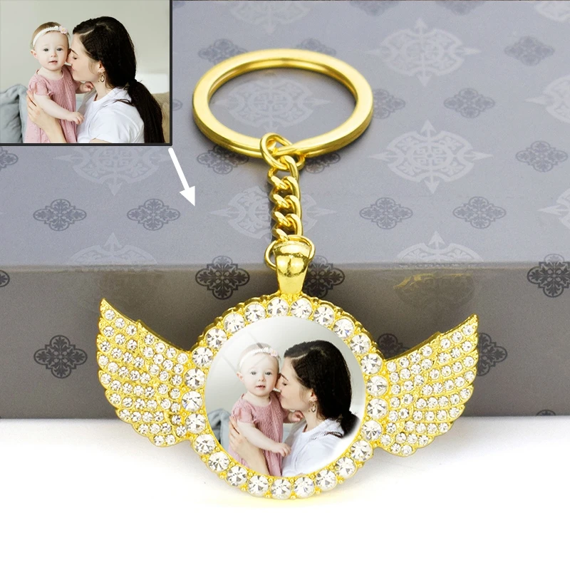 

Custom Keychain Customize Photo Company Logo Text Key Chain Personalized Rhinestone Glass Dome Pendant Key Rings Gift