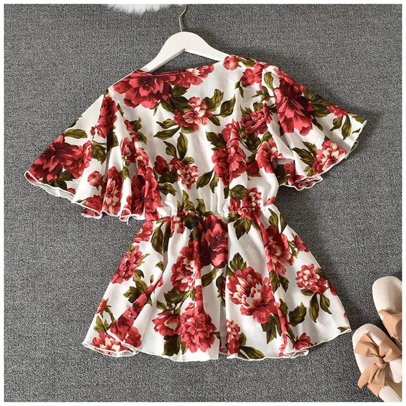 

Korean Printing Flower Chiffon Short-sleeved Ruffle Vintage Slash Neck Female Tighten The Belt Shirts 2021New Chic Blusas Mujer