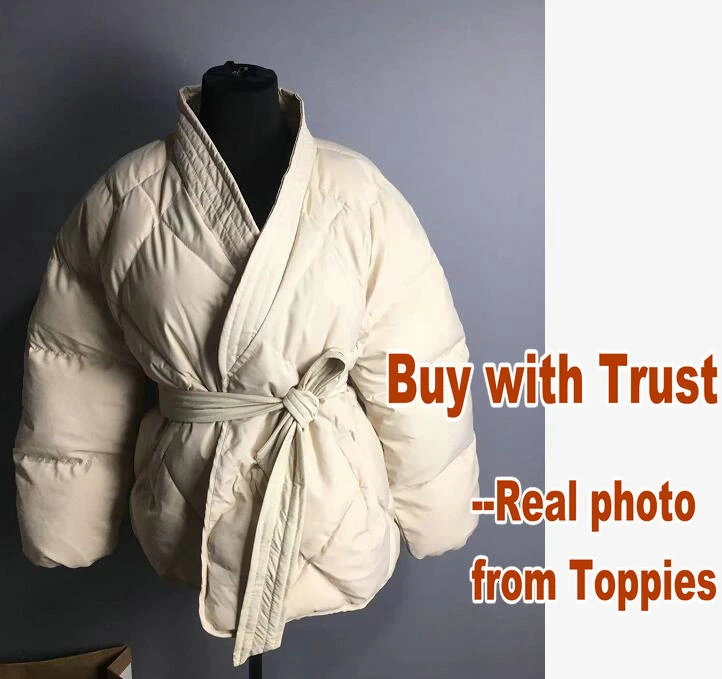 2019 зимнее женское пальто на хлопковой подкладке с поясом кремово-белое теплые