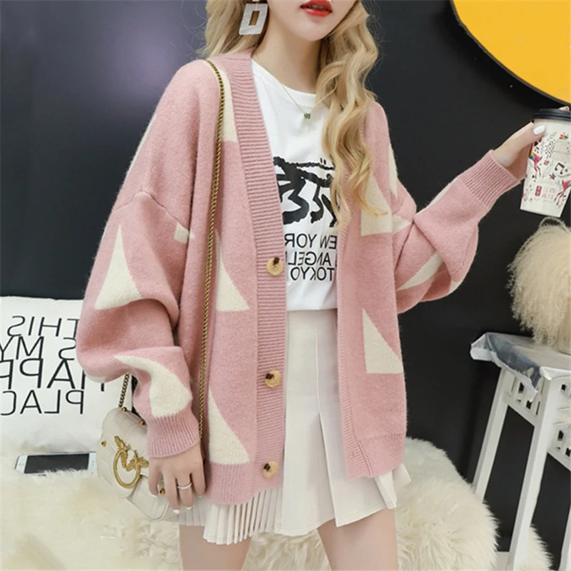 Женский вязаный кардиган с геометрическим принтом повседневный однобортный