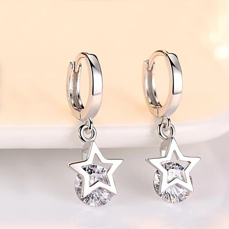 

New Design 925 Sterling Silver Earrings For Women Dazzling Full CZ Crystal Pentagram Zircon Drop Earrings