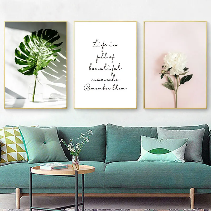 Зеленый Растительный постер изображение листьев цветочный рисунок розовый