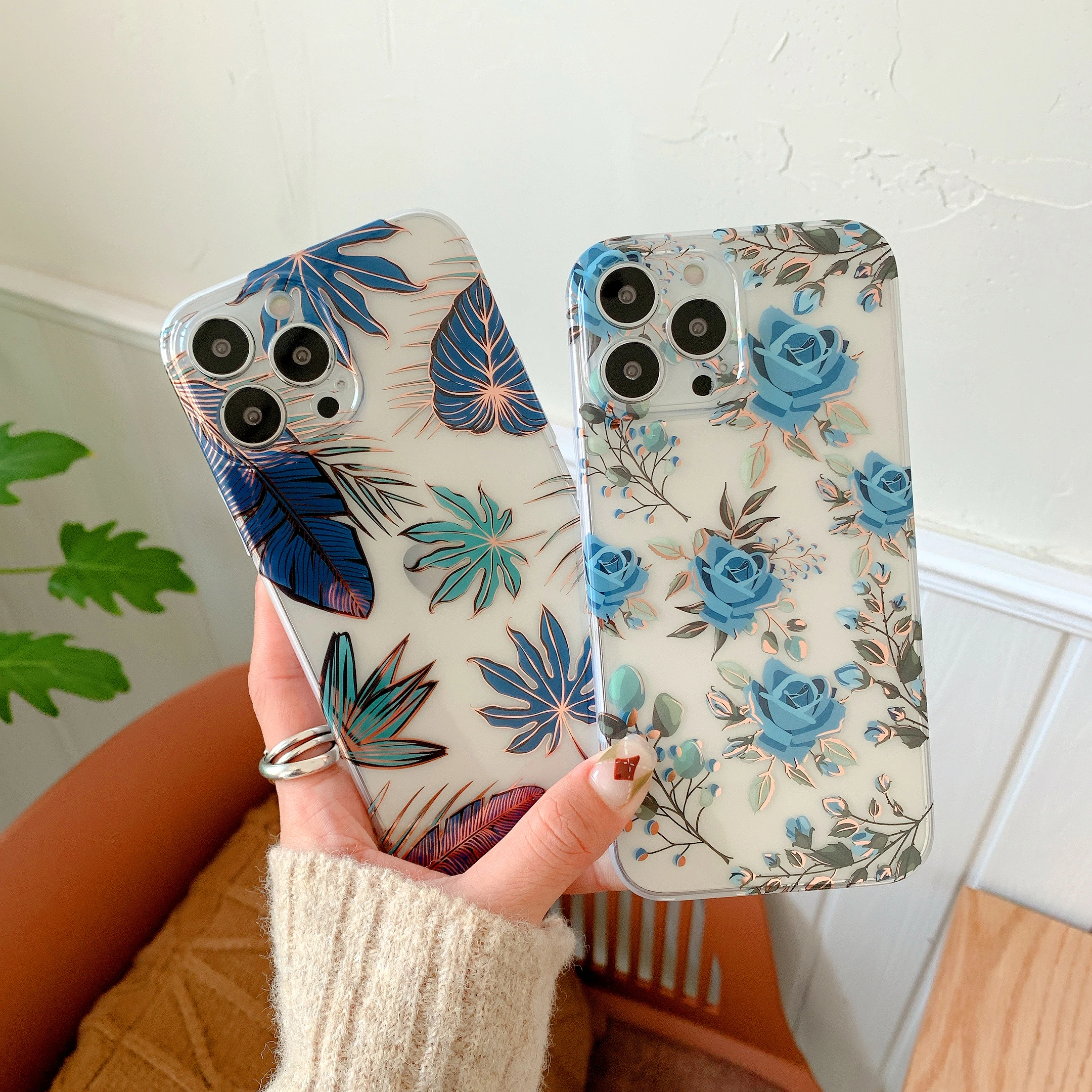 

Phone Case For iPhone 7 8 Plus SE 2020 X XS XR 11 12 13 Mini Pro Max Fashion plating Silicone banana Rose Tree Leaf Print Cover