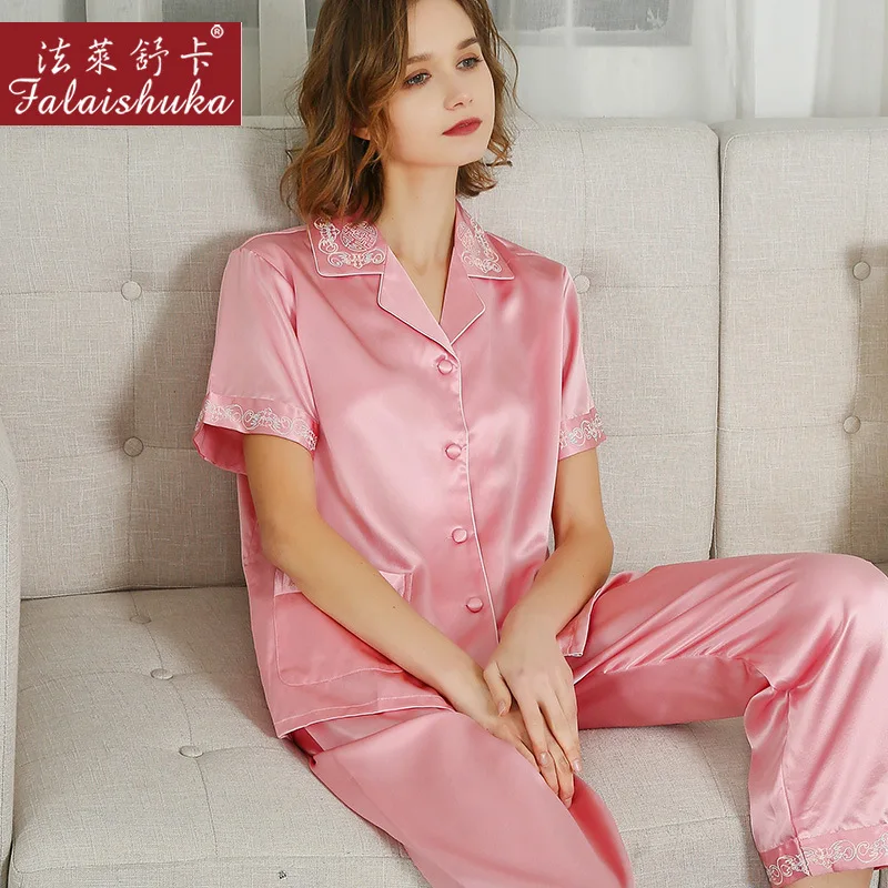 Ladies Pajamas Set Silk Stain Red Sexy Lace Embroidery Sleepwear Homewears Summer 2020 Short Sleeve Pyjama Set Home Wear Pink