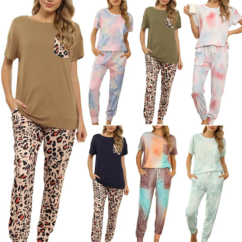 

Женские комплекты из 2 предметов, домашняя одежда с леопардовым принтом, Повседневная футболка, длинный костюм, спортивный костюм, одежда дл...