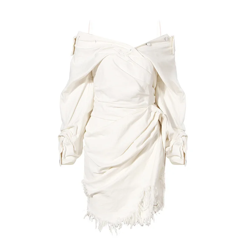 

Summer 2021 Women Dress Elegant Tied Slimming irregular fringed Heavy Industry Ripped Pleated Denim Dress Women's Fashion