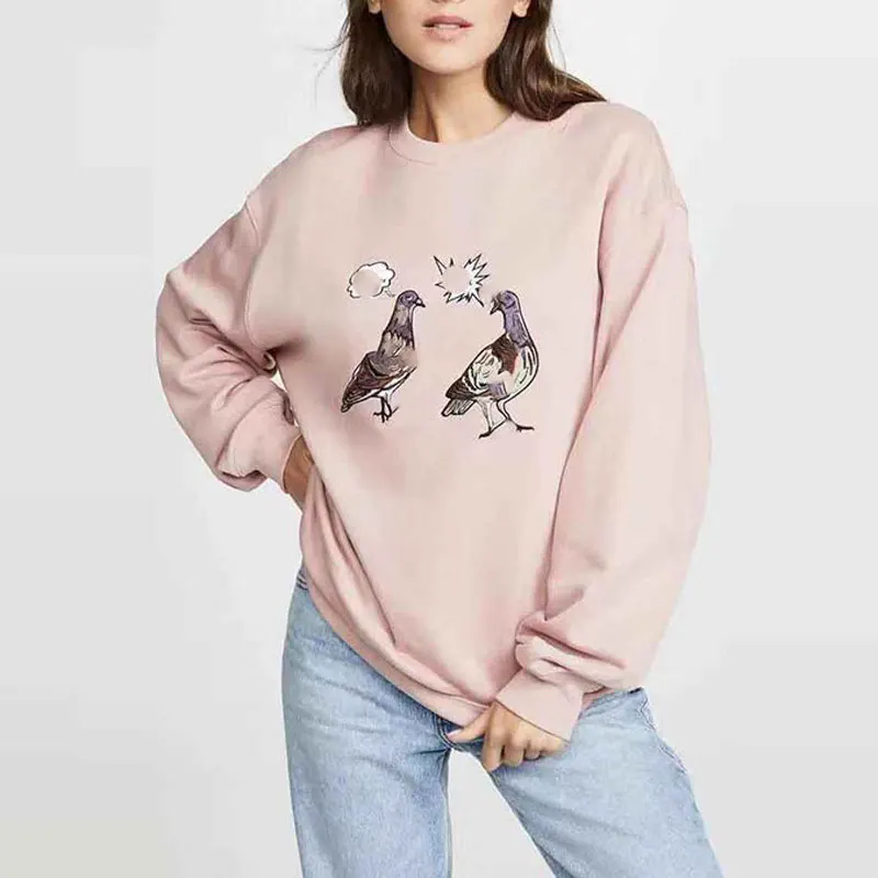 Women Hoodie Autumn Winter New Personality Small Animal Embroidery Pattern Men and Women Solid Loose Round Neck Sweatshirt