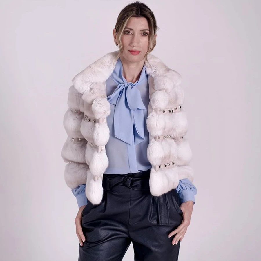 

Trendy Rivet Design Fur Coat Women Autumn Winter Warm Natural Rex Rabbit Fur Jacket Cropped Overcoat