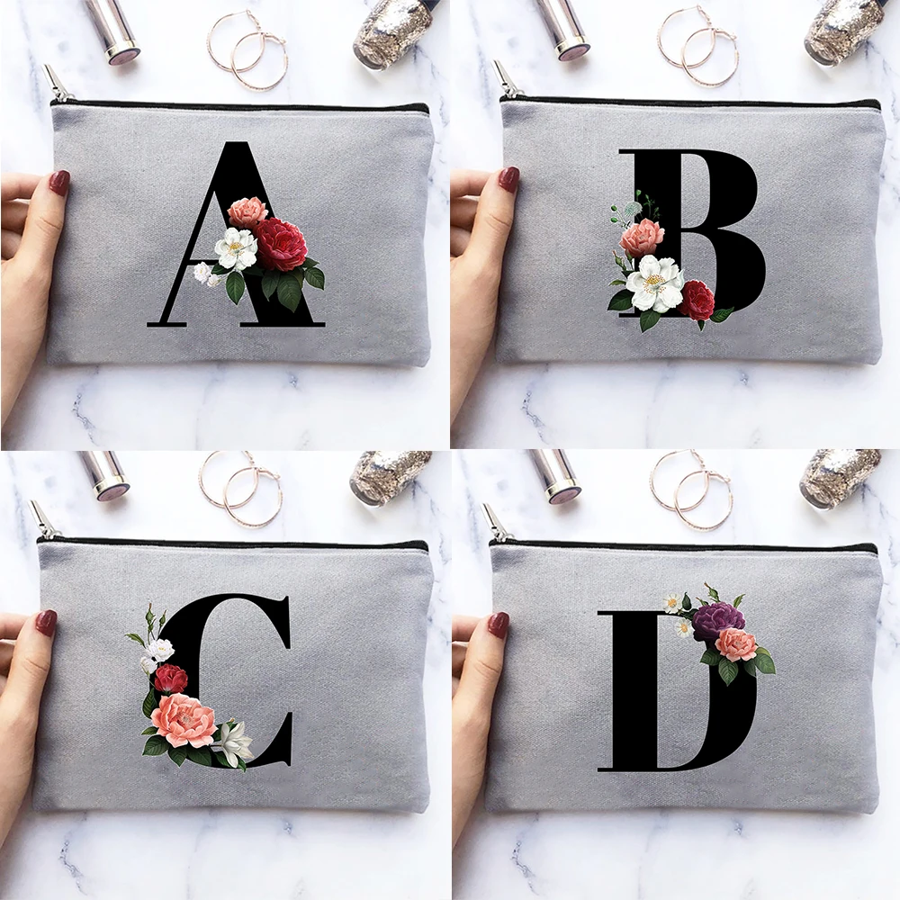 26 Alphabet Rose Flowers Women Canvas Gray Cosmetic Cases Ba
