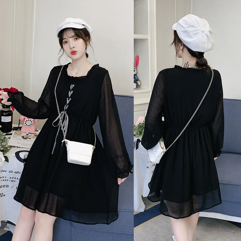 Spring Pregnant Women Chiffon Dress Plus Size Long Lantern Sleeve Drawstring High Waist Square Collar Maternity Black Loose | Мать и