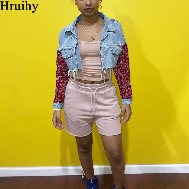 

Cropped Denim Jacket Fashion Stitching Ladies Short Denim Jacket Turn Down Collar Button Casual Chaqueta De Mezclilla De Mujer