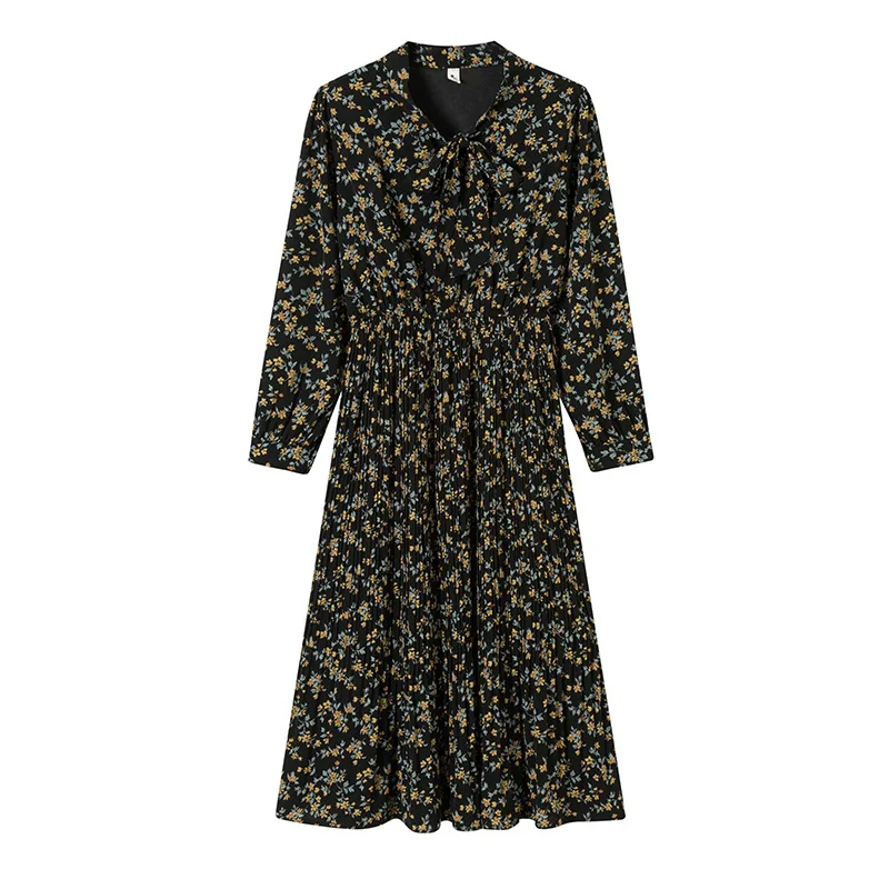 

GODLIKEU Spring And Autumn Mid Length Bowknot Pleated Floral Long Sleeve Chiffon Elegant Dress Jupe lgante
