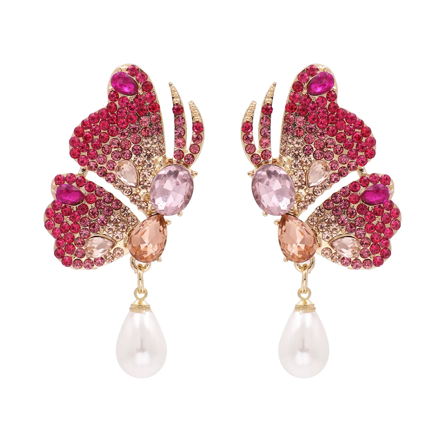 

New Ladies Fashion Long Flowing Retro Rhinestone Butterfly Wings Pearl Exaggerated Big Earrings