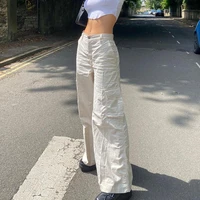 white low waist wide leg jeans womens korean style pocket stitching straight trousers casual y2k overalls streetwear jean