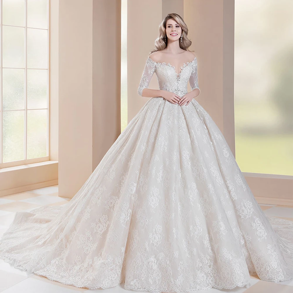 Принцесса с коротким рукавом и аппликацией Кружева бальное платье Свадебные