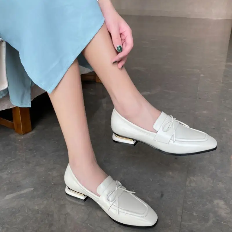 

ZALAVOR High Quality Shoes Women Real Leather Square Toe Shallow Bowtie Slip On New Spring Ladies Footwear Size 34-39