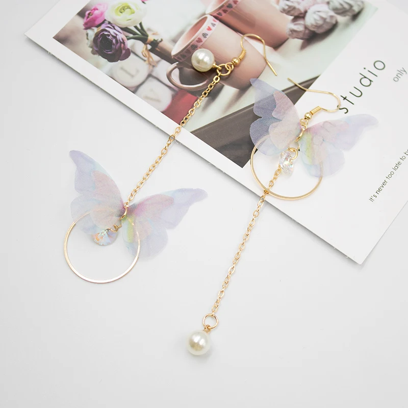 

Fashion jewelry Sweet Ladies Earrings Temperament Asymmetric Butterfly Crystal Long Pearl Tassel Earrings for women's best gift