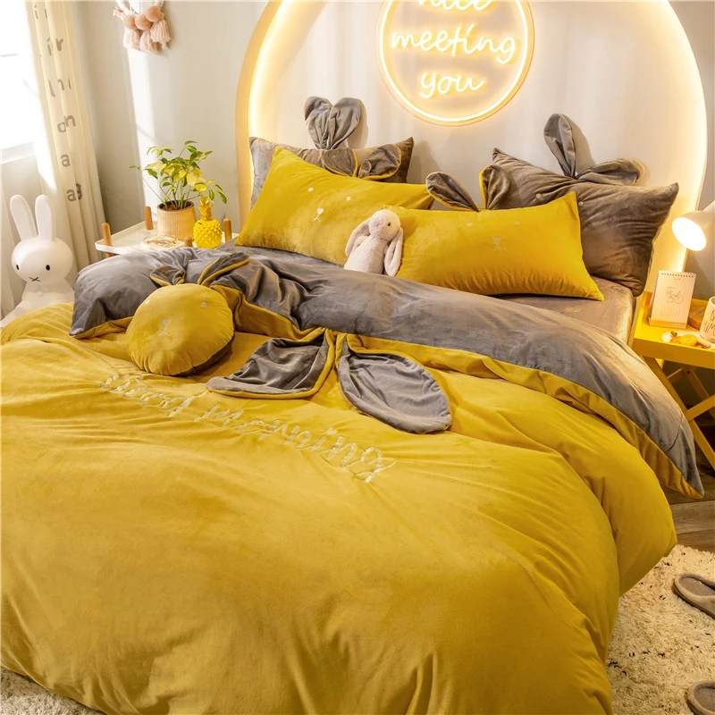 Теплый фланелевый набор постельных принадлежностей с милыми заячьими ушками