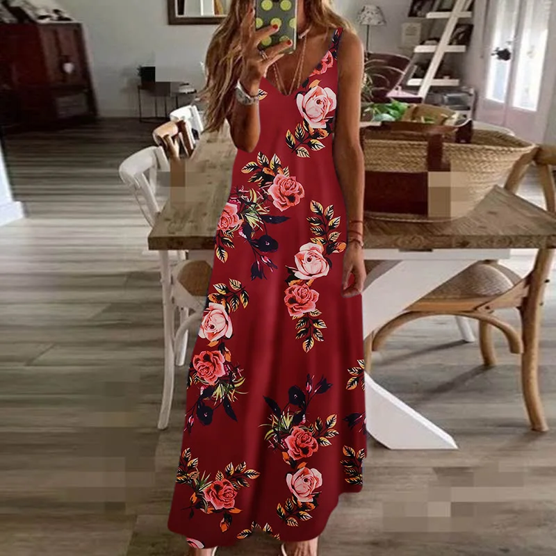 

Fashion Summer Sleeveless Vintage Floral Print Women Boho Dress Robe Lady Sexy Beach Maxi Casual Dress Elegant Party Long Dress