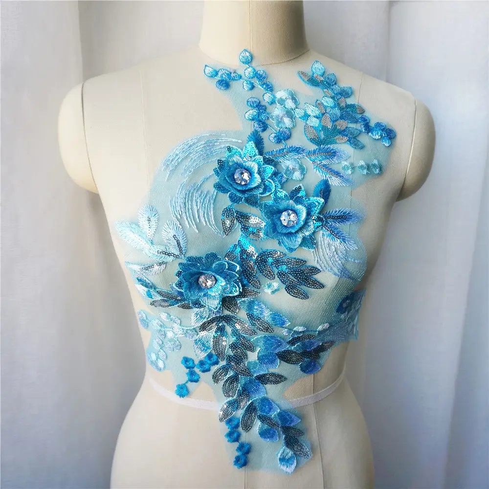 Синее 3D цветочное кружевное платье с серебристыми пайетками вышитое аппликацией