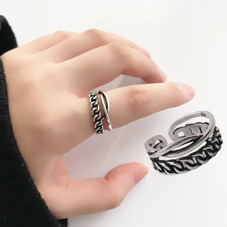 

Retro Double Chain Knitting Ring Silver Plated Opening Ring Personality Women's Street Hip Hop Rock Jewelry Accessories