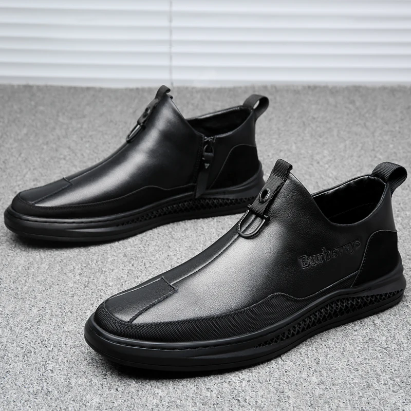 

Дизайнерская мужская модная деловая повседневная обувь из натуральной коровьей кожи, Черная мужская обувь на молнии