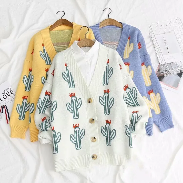 Свободный кардиган с рисунком кактуса и v-образным вырезом |