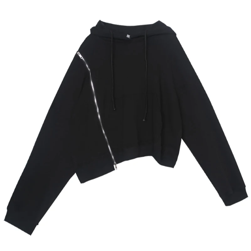 

Black Loose Fit Zipper Irregular Sweatshirt New Round Neck Long Sleeve Women Big Size Fashion Spring Autumn 2021 1DD0617