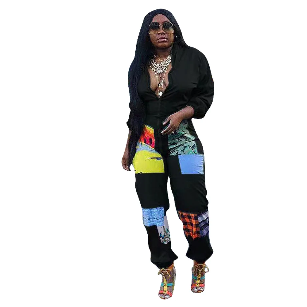 Модный длинный комбинезон с принтом брюки-карго на молнии V-образным вырезом