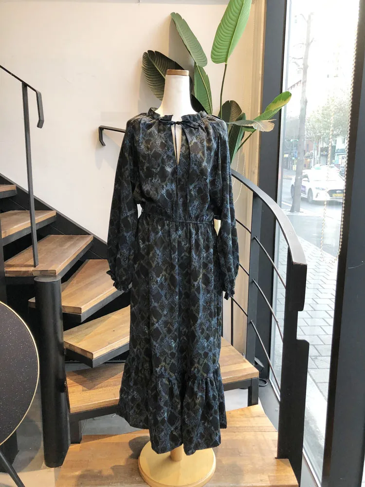 

SuperAen Slim Fashion Snakeskin Printed Belt Vintage Full Mid-Calf Dress for Women