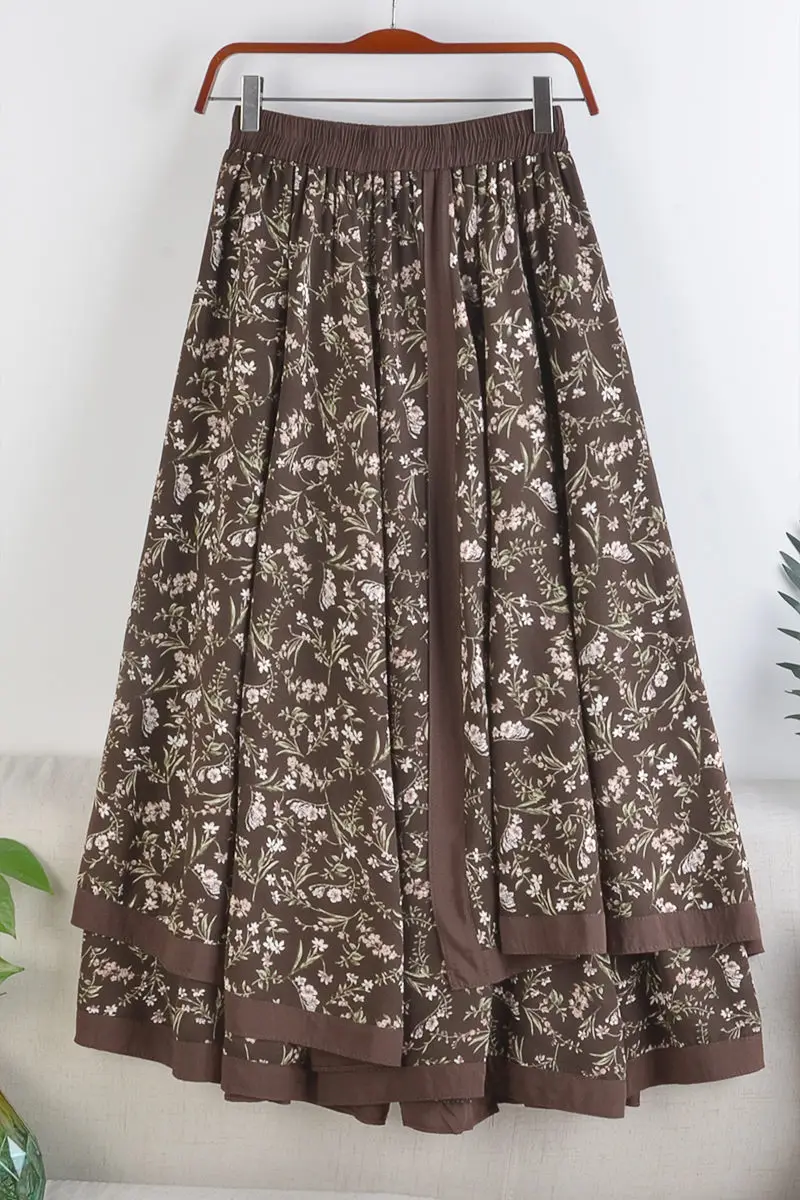 

Retro Floral High Waist Women Skirt A-cut Fake Two Piece Stitching Mid-length Spring Autumn Skirt Saia Long Skirts for Women