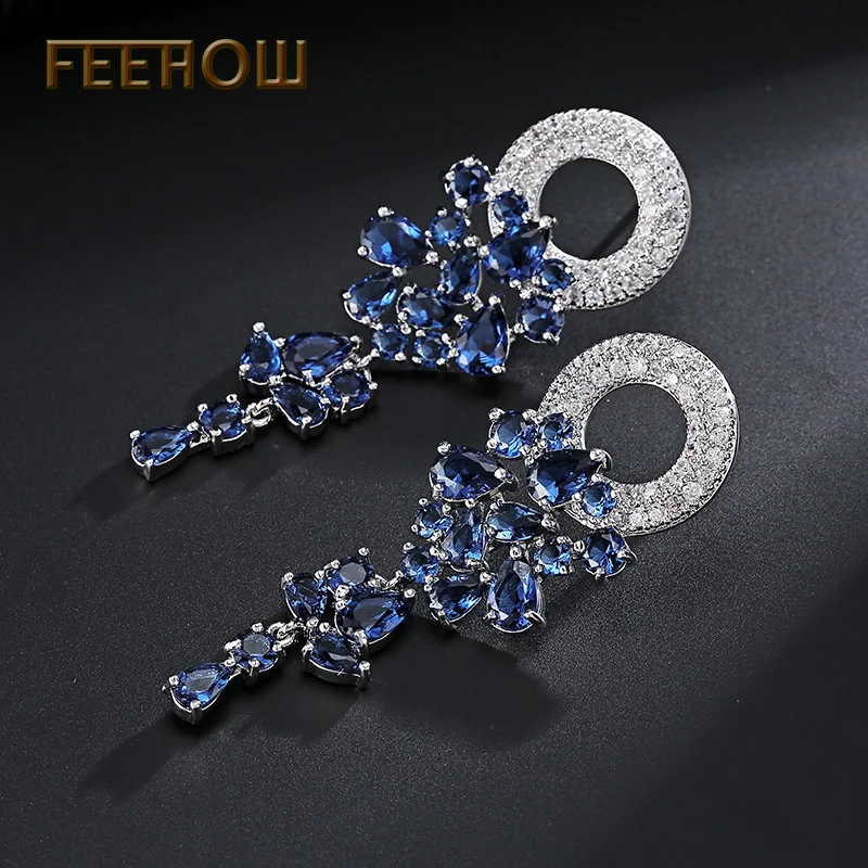 Женские длинные висячие серьги FEEHOW белые капли с зеленым листом свадебные FWEP154|long