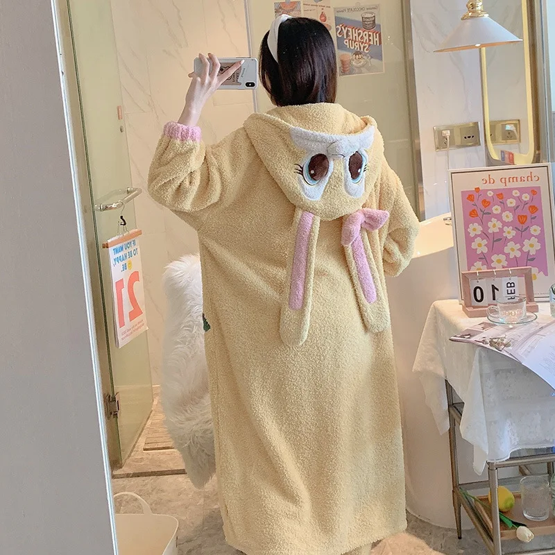 2 Piece Pajama Set Women Cute Korean Pajamas Plush Hooded Flannel Pajamas Woman Winter Badjas Dames Schlafanzug Home Clothes