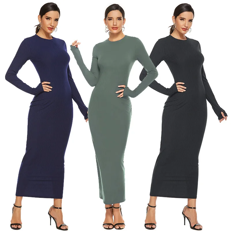 

Women Autumn Maxi Dress Finger Hole Long Sleeve O-neck Skinny Sexy Women Dress Solid Color Stretch Knitted Dress Vestido