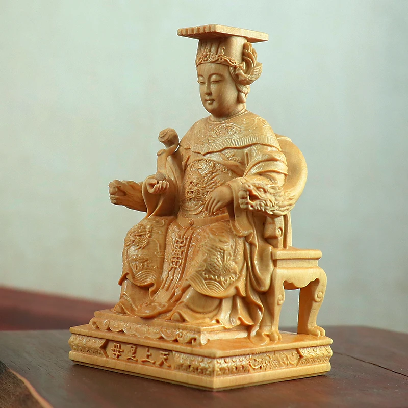 

Mazu wooden statueOur Lady of Heaven Solid wood carvingModern art sculptureHome Living Room Attic Buddhist Feng Shui Statue
