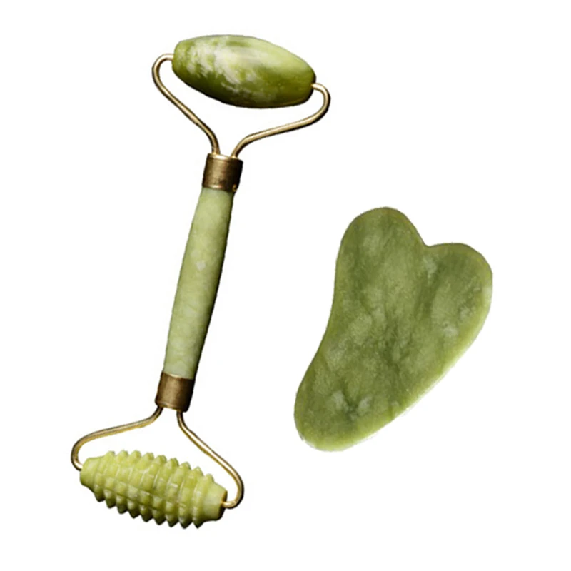 Jade roller set 2 шт. натуральный нефритовый валик и Нефритовый камень Гуа-Ша массаж набор инструментов для лица тонкий массажер соскабливающая доска Релаксация тела лифт инструменты - Цвет: Jade roller set