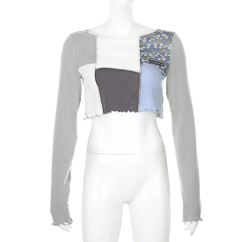 

High quality women long sleeve crop top t shirt patchwork pullover 2020 autumn woman tshirts femme ropa de mujer