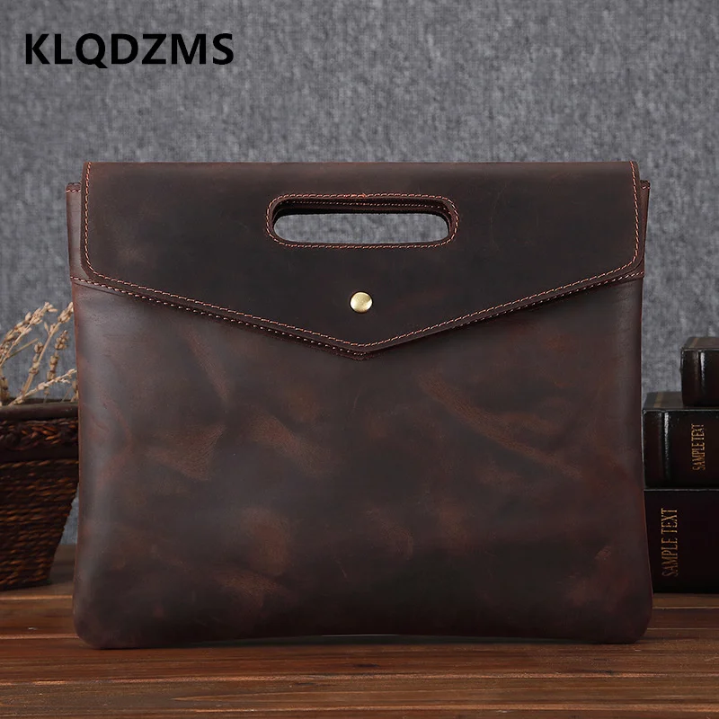 KLQDZMS New Men's Handbags Distinctive Button Briefcase Men Genuine Leather Bags Simple Male Business Briefcases