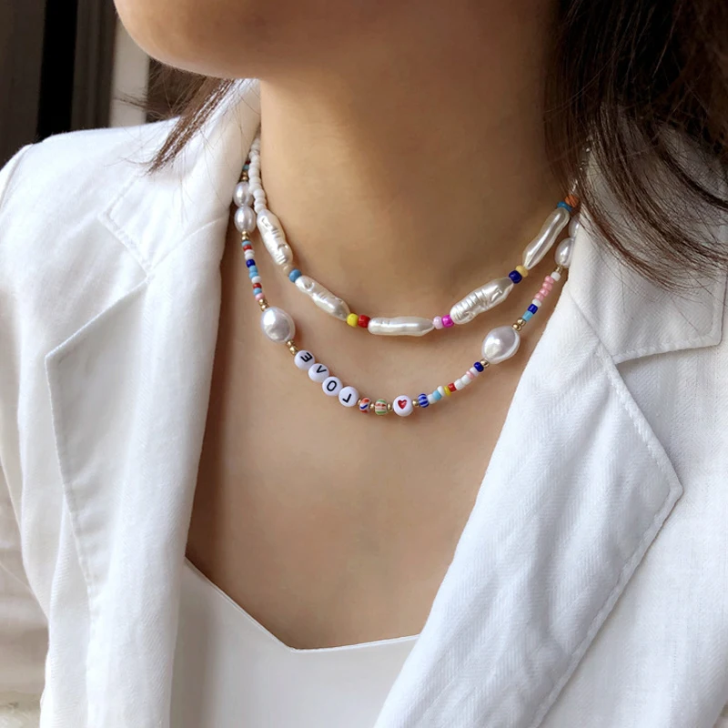 

Cute LOVE Letter Rainbow Beads Pearl Choker Necklace SUMENG 2021 Female Bohemian Fashion Party Jewelry for Women Gir Gift AM3077