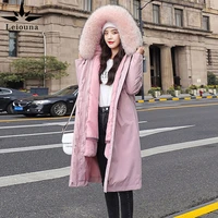 leiouna loose women thick removable liner plus size removable big hair collar down cotton outerwear winter warm long parka coat