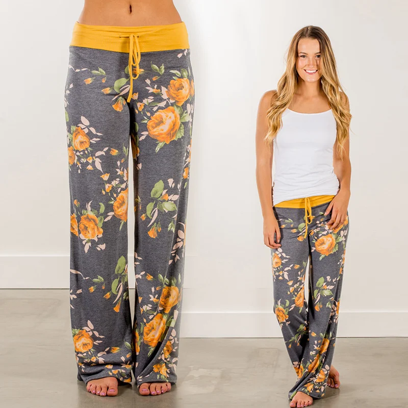 Женские летние длинные штаны для йоги домашние свободные брюки с цветочным