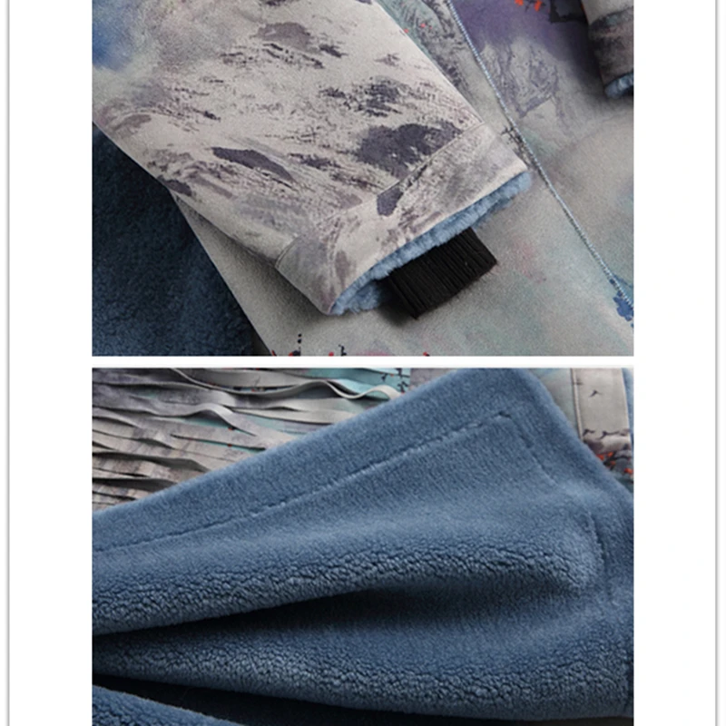 

High Woman 2020 Quality Real Wool Coats Winter Fashion Fox Fur Collar Double-faced Print Landscape pattern Thick Coat