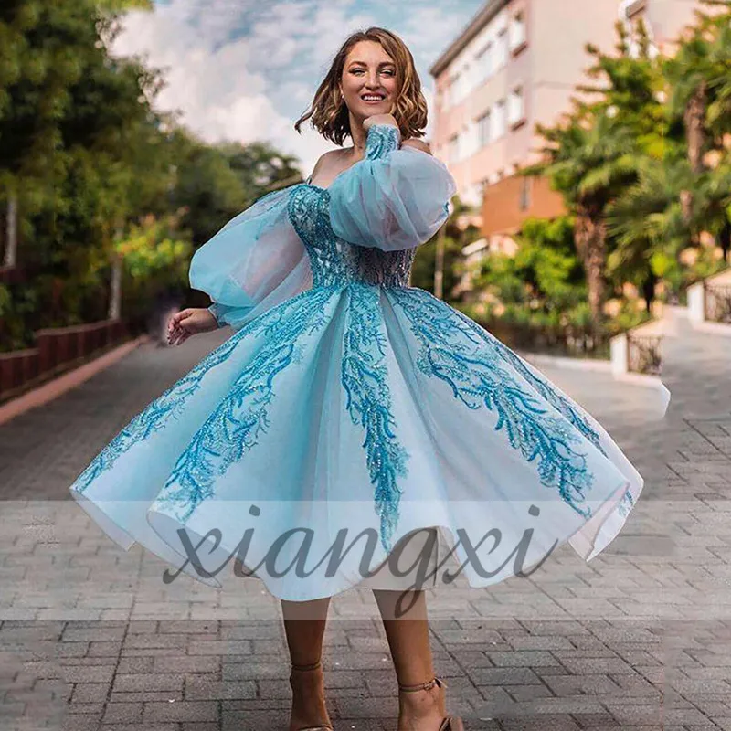 

Короткое бальное платье с пышными рукавами, платье с блестками для выпускного вечера, кружевное вечернее платье с открытыми плечами, вечерн...