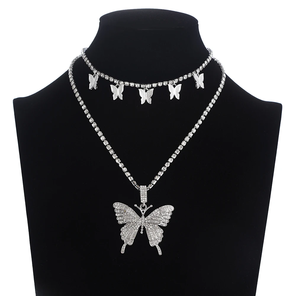 

Layered Butterfly Necklace Chain Set Luxury Rhinestones Choker Women Jewellery Pendant Statement Fashion Jewelry Bulk Wholesale