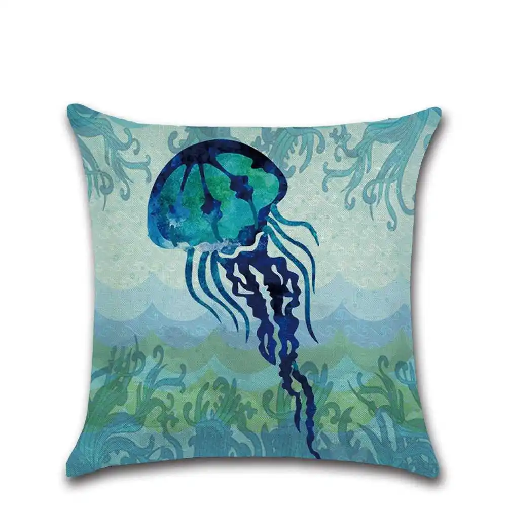 Льняная декоративная подушка в виде морской черепахи Морской коньки наволочка