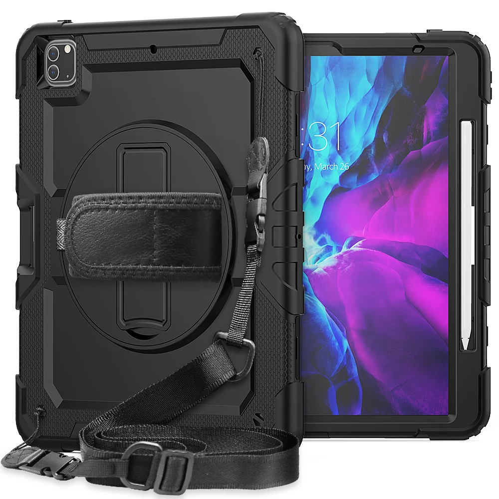 Tough armor Hand Strap Shoulder Strap 360 Rotatable Kickstand Protective Case for 2021 iPad Pro 12.9 inch Gen 5 Cover