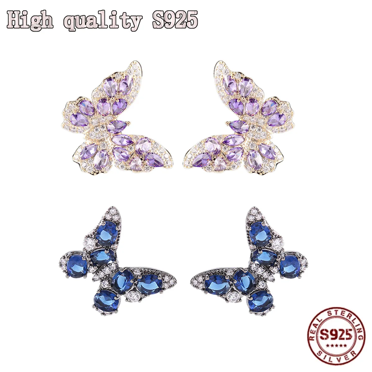 

S925 Silver Needle New Fine Fashion Jewelry Color Zircon Earrings Female Atmospheric Three-dimensional Butterfly Earrings Women